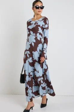 Stories be Told Luminous Brown Blue Floral Fluted Sleeve Bias Maxi Dress