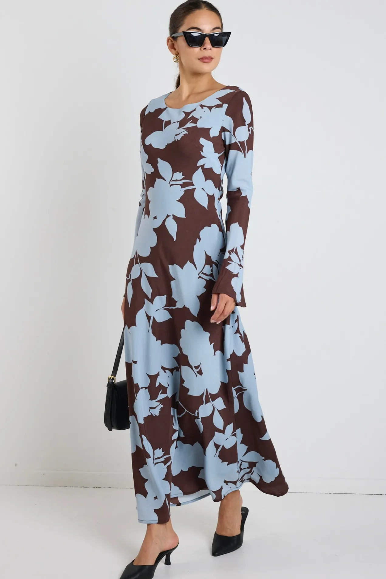 Stories be Told Luminous Brown Blue Floral Fluted Sleeve Bias Maxi Dress