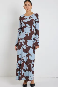 Stories be Told Luminous Brown Blue Floral Fluted Sleeve Bias Maxi Dress