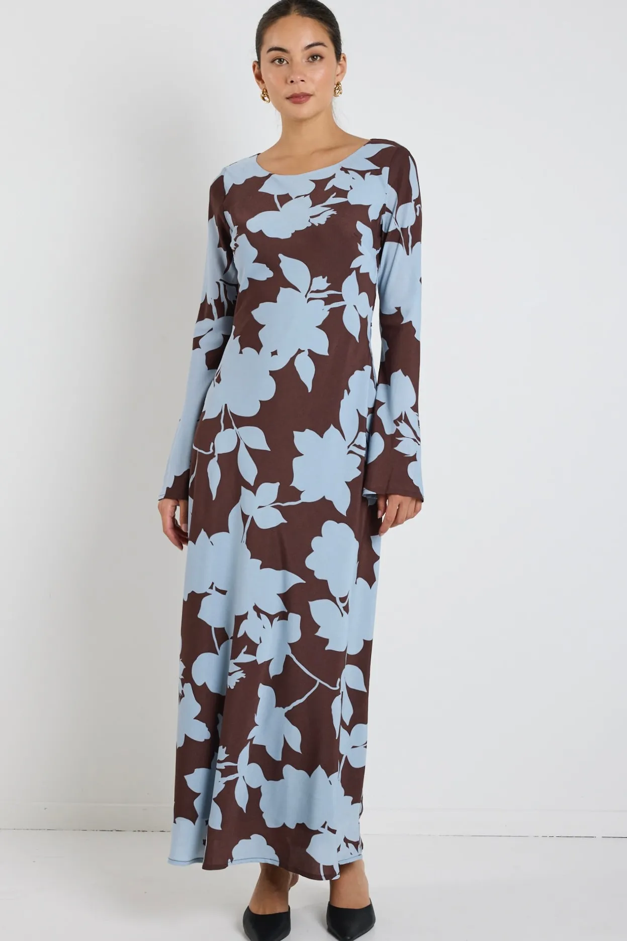 Stories be Told Luminous Brown Blue Floral Fluted Sleeve Bias Maxi Dress