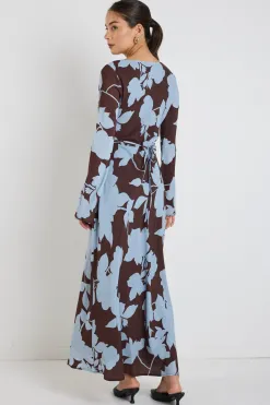 Stories be Told Luminous Brown Blue Floral Fluted Sleeve Bias Maxi Dress