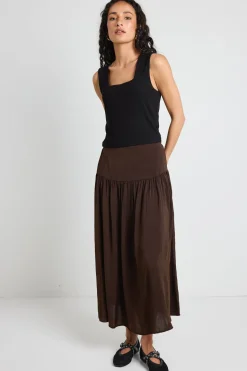 Among the Brave Lupe Espresso Hammered Satin Midi Skirt