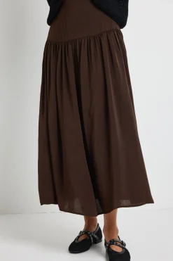 Among the Brave Lupe Espresso Hammered Satin Midi Skirt