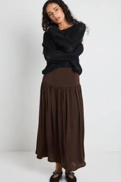 Among the Brave Lupe Espresso Hammered Satin Midi Skirt