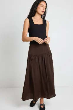 Among the Brave Lupe Espresso Hammered Satin Midi Skirt