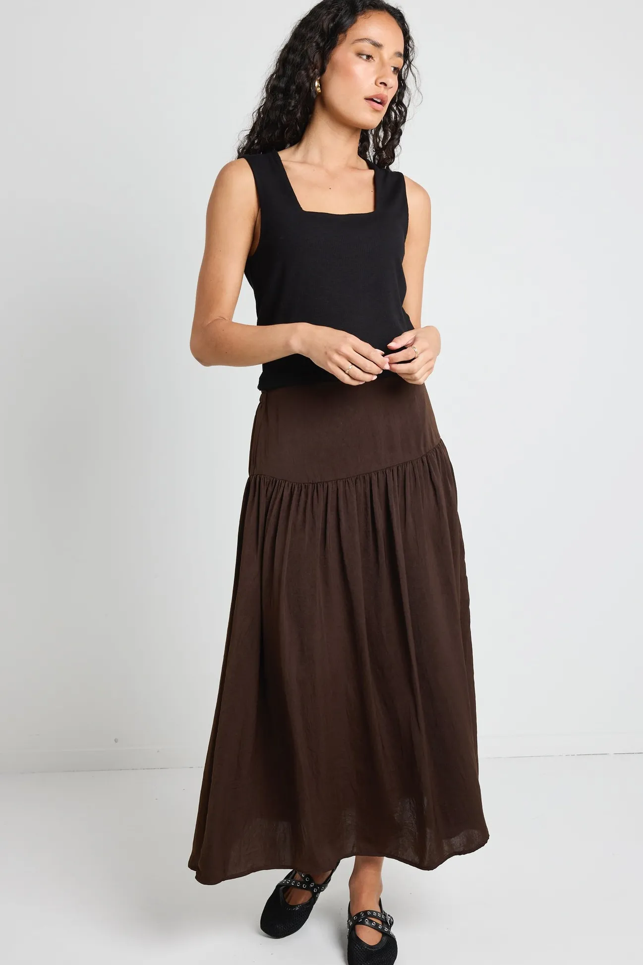Among the Brave Lupe Espresso Hammered Satin Midi Skirt
