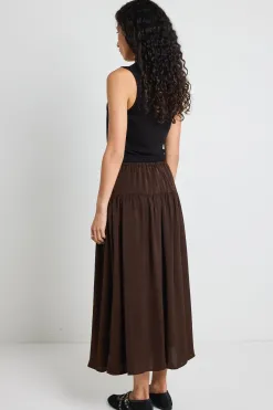 Among the Brave Lupe Espresso Hammered Satin Midi Skirt