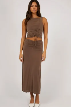 Jorge Luxe Brown Ruched Front Maxi Skirt