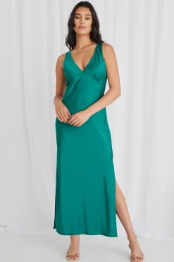 Among the Brave Mable Ocean Green Satin Sleeveless Empire Tie Back Maxi Dress