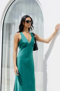 Among the Brave Mable Ocean Green Satin Sleeveless Empire Tie Back Maxi Dress
