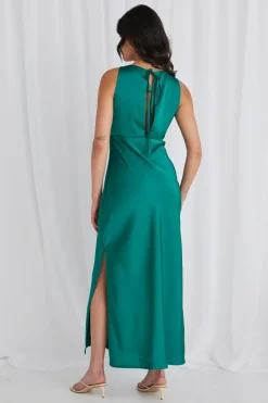 Among the Brave Mable Ocean Green Satin Sleeveless Empire Tie Back Maxi Dress
