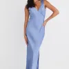 Among the Brave Mable Slate Satin Sleeveless Empire Tie Back Maxi Dress