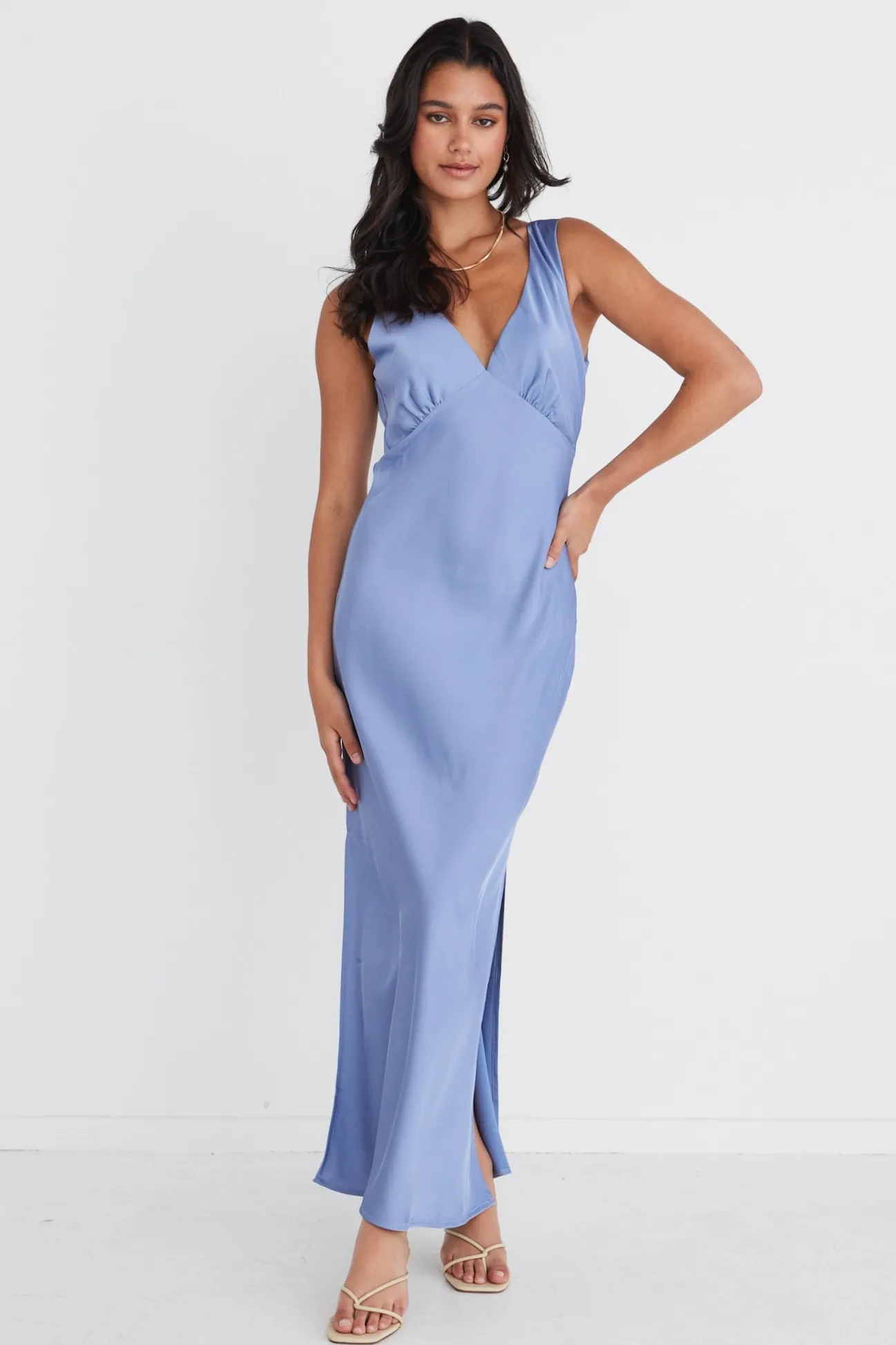 Among the Brave Mable Slate Satin Sleeveless Empire Tie Back Maxi Dress