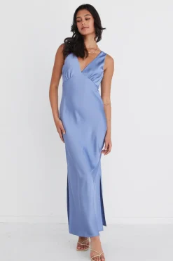 Among the Brave Mable Slate Satin Sleeveless Empire Tie Back Maxi Dress