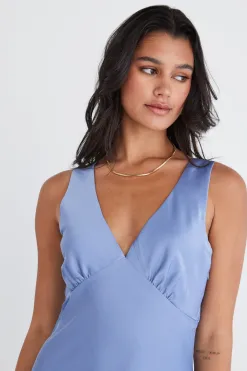 Among the Brave Mable Slate Satin Sleeveless Empire Tie Back Maxi Dress