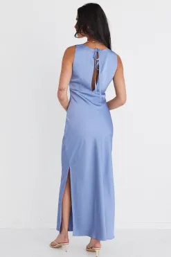 Among the Brave Mable Slate Satin Sleeveless Empire Tie Back Maxi Dress