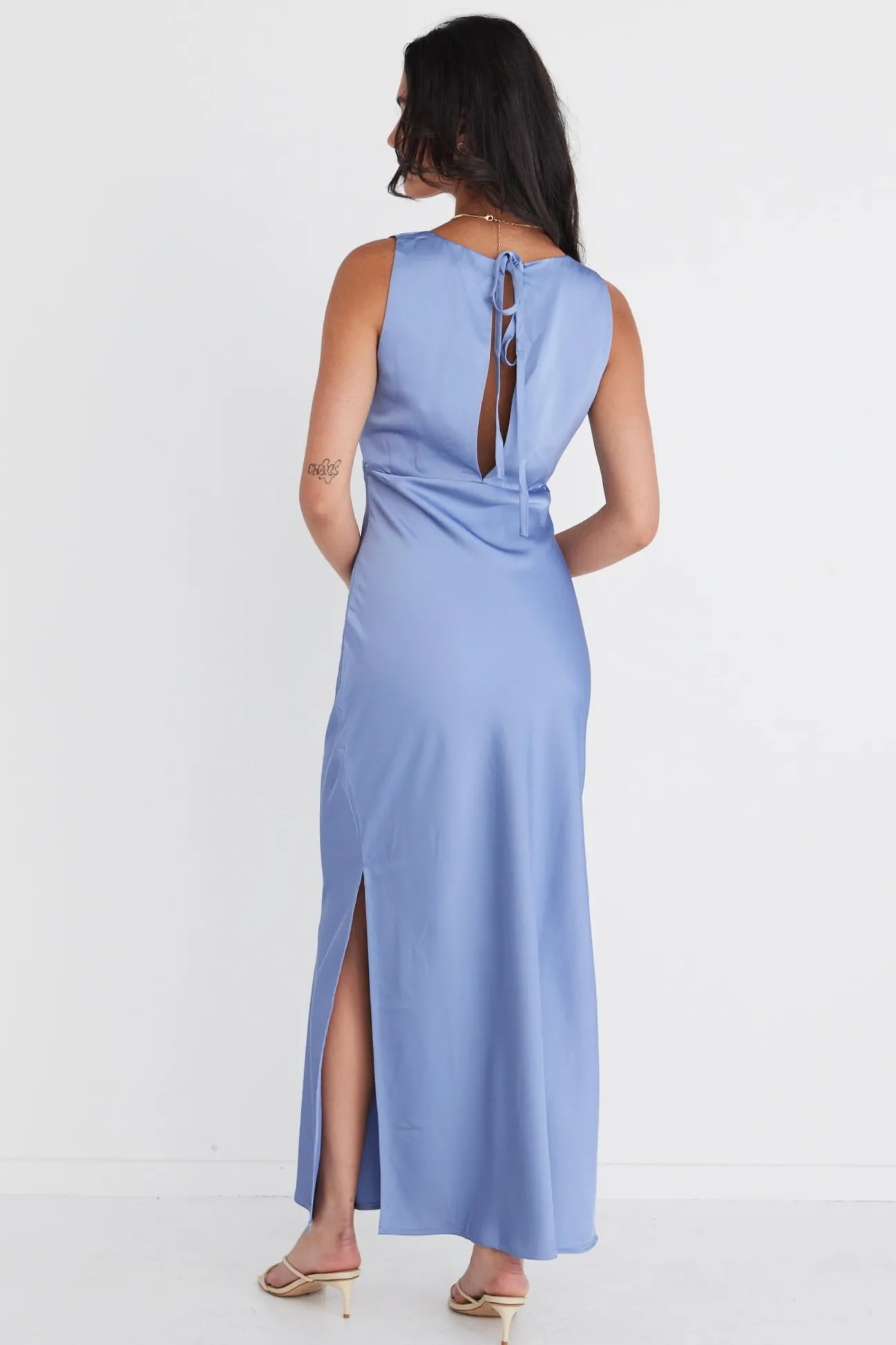 Among the Brave Mable Slate Satin Sleeveless Empire Tie Back Maxi Dress