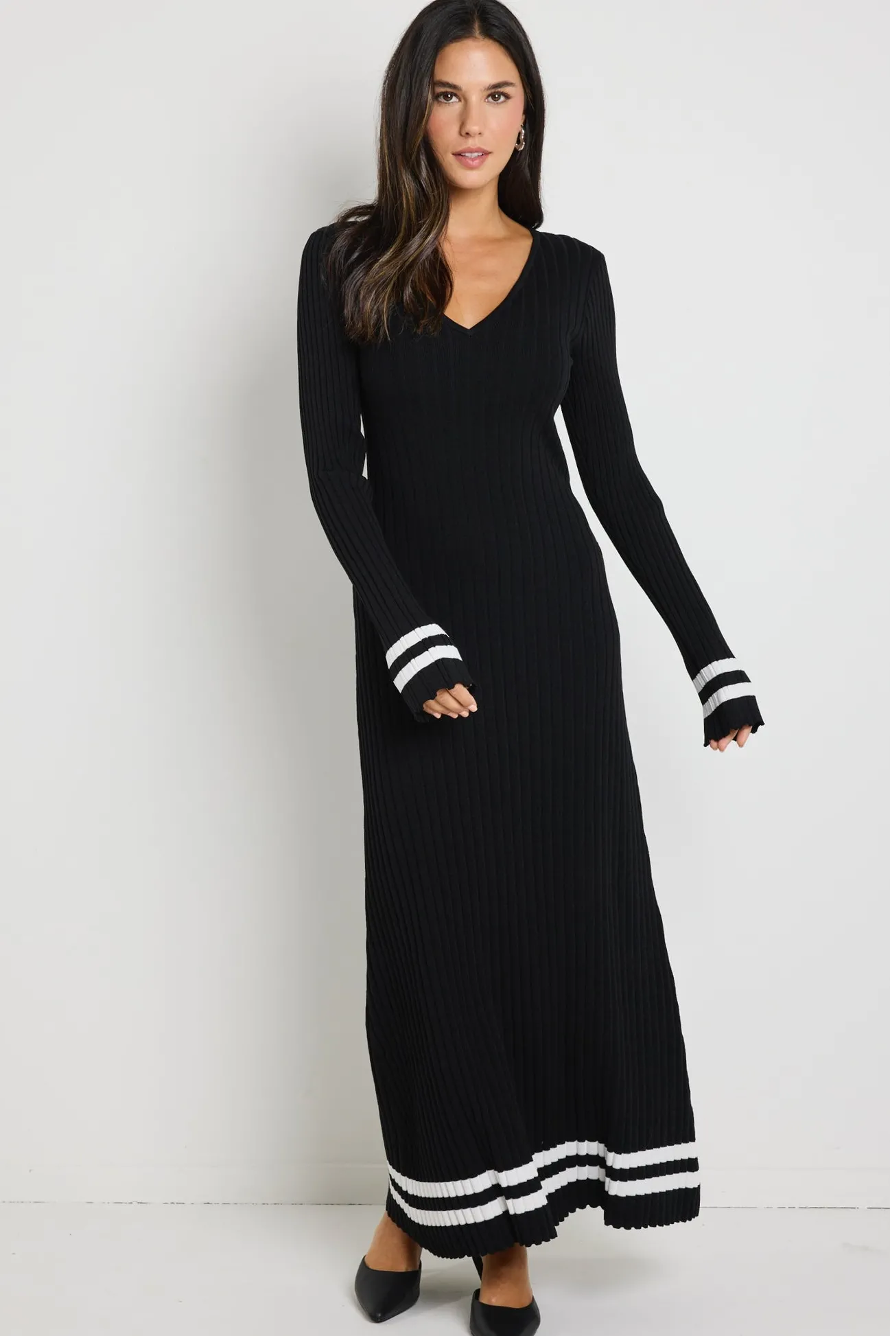 Stories be Told Main Black Stripe LS V Neck Maxi Knit Dress