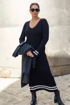 Stories be Told Main Black Stripe LS V Neck Maxi Knit Dress