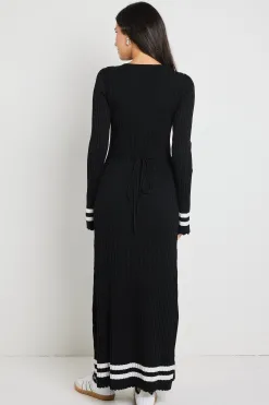Stories be Told Main Black Stripe LS V Neck Maxi Knit Dress