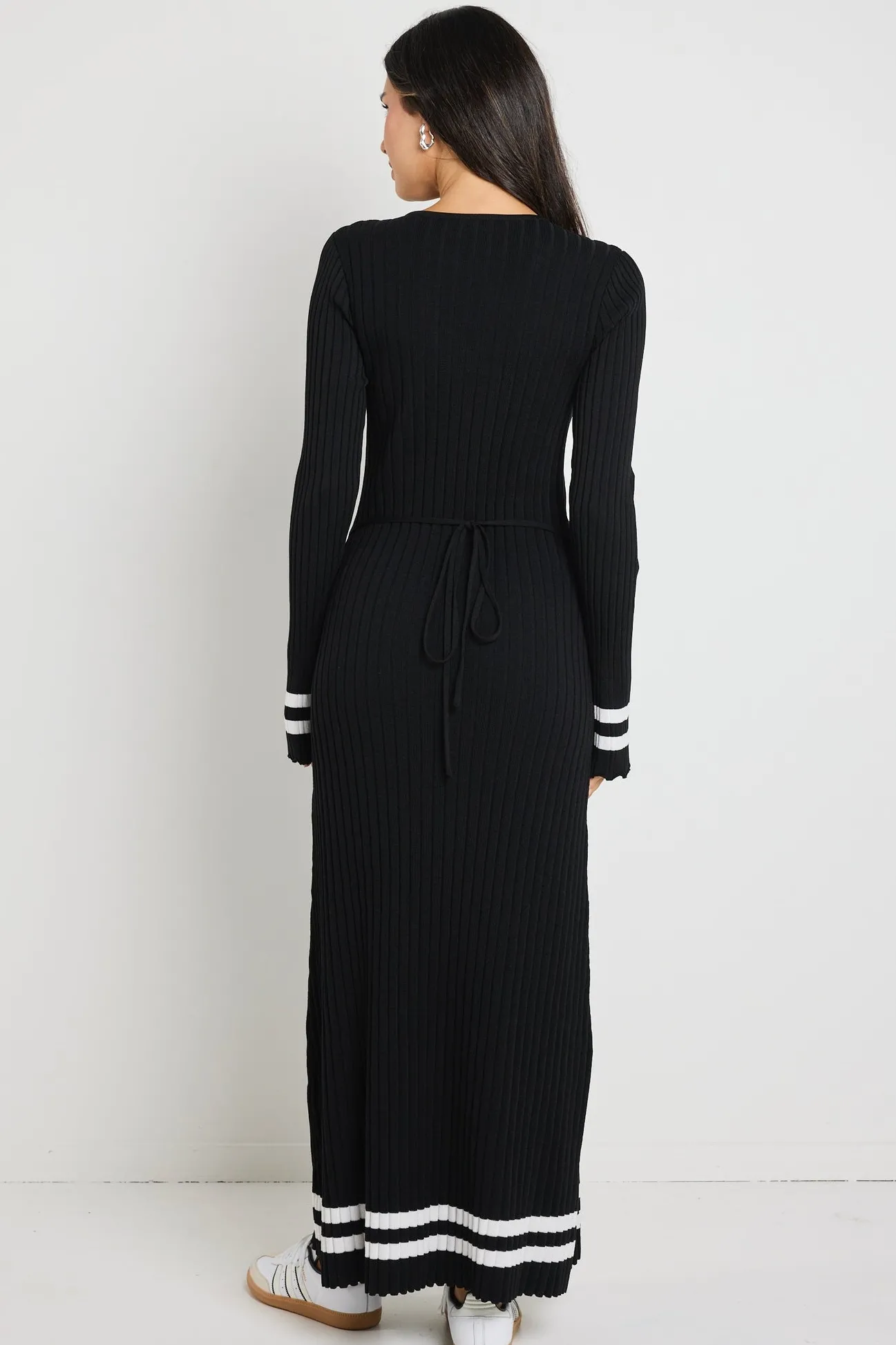 Stories be Told Main Black Stripe LS V Neck Maxi Knit Dress