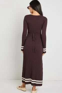 Stories be Told Main Chocolate Stripe LS V Neck Knit Maxi