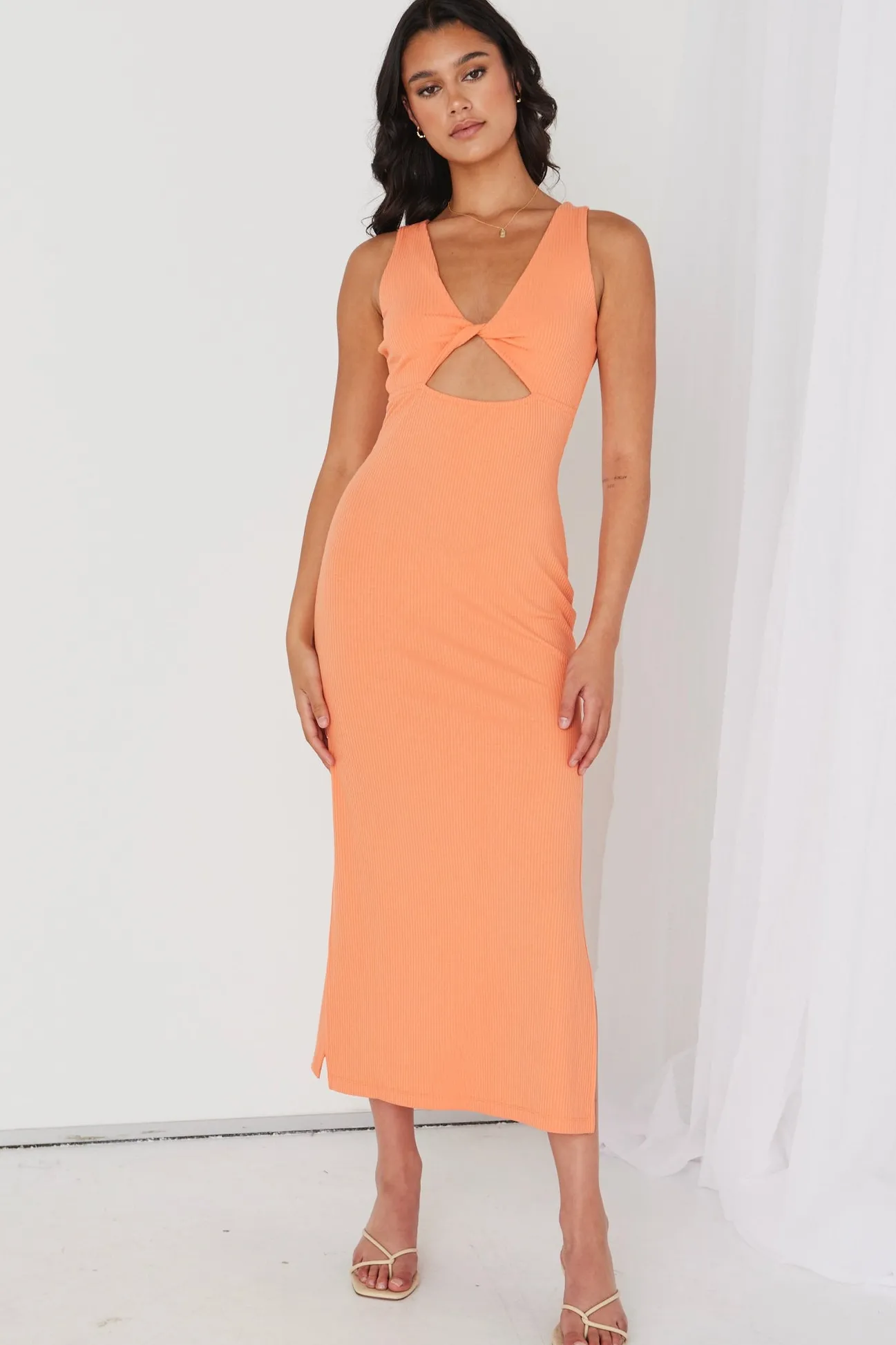 Among the Brave Malibu Orange Rib Twist Sleeveless Midi Dress