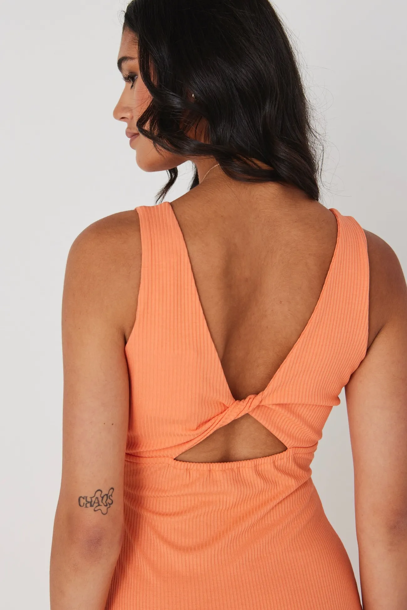 Among the Brave Malibu Orange Rib Twist Sleeveless Midi Dress