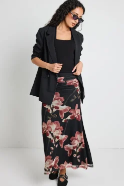 Among the Brave Manner Blush Floral Rouched Mesh Midi Skirt