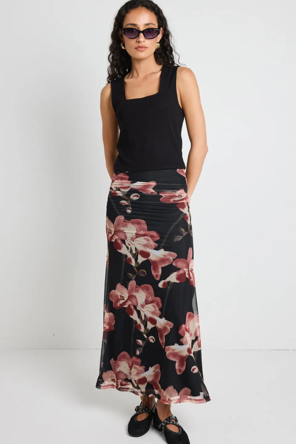 Among the Brave Manner Blush Floral Rouched Mesh Midi Skirt
