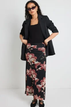 Among the Brave Manner Blush Floral Rouched Mesh Midi Skirt