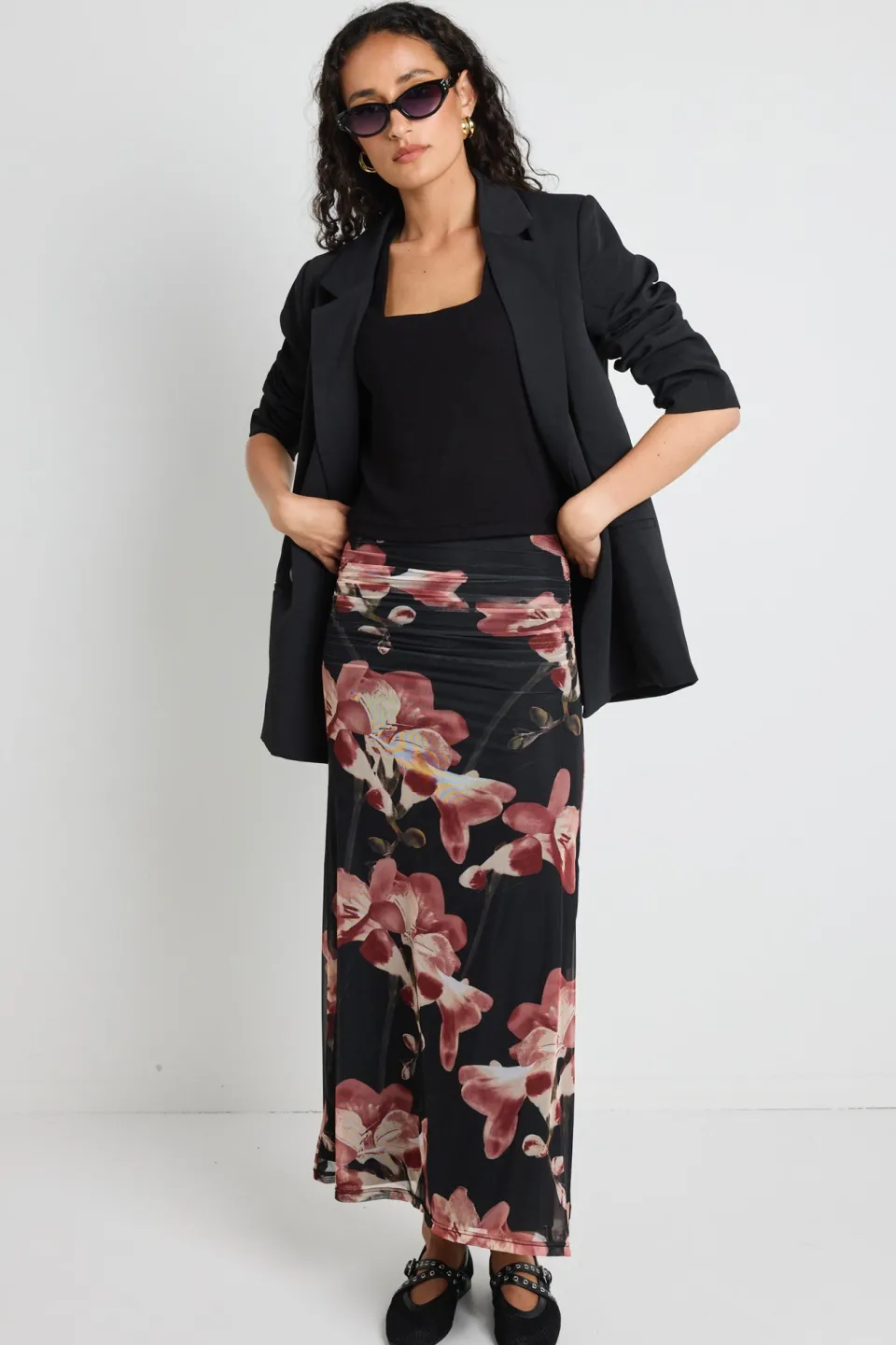 Among the Brave Manner Blush Floral Rouched Mesh Midi Skirt
