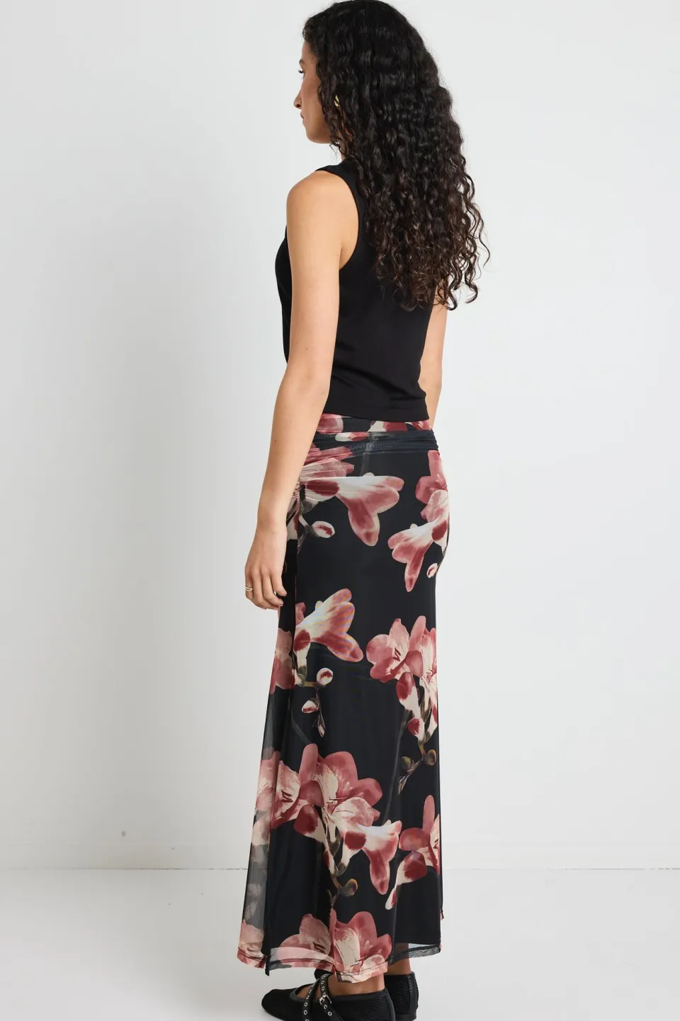 Among the Brave Manner Blush Floral Rouched Mesh Midi Skirt