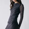 Esmaee Marble Charcoal Print Mesh LS Midi Dress