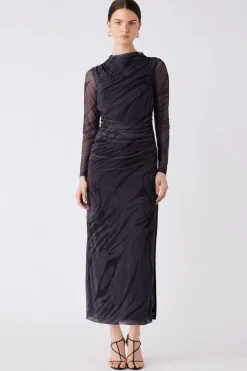 Esmaee Marble Charcoal Print Mesh LS Midi Dress