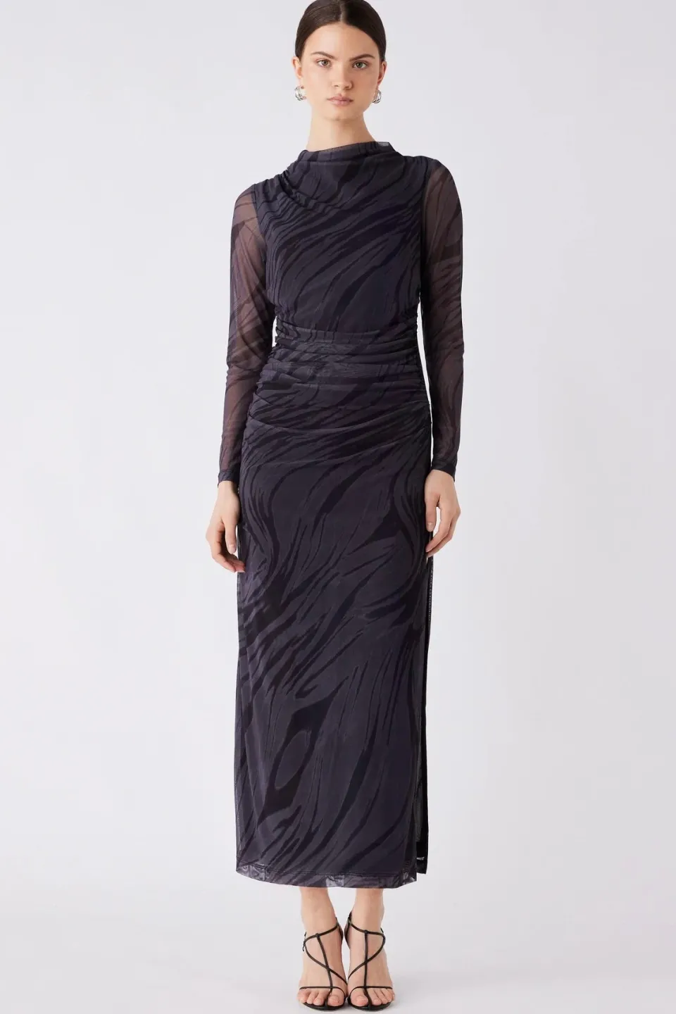 Esmaee Marble Charcoal Print Mesh LS Midi Dress