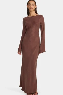 Ownley Marcella Mocha Cupro LS Maxi Dress
