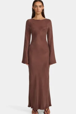 Ownley Marcella Mocha Cupro LS Maxi Dress