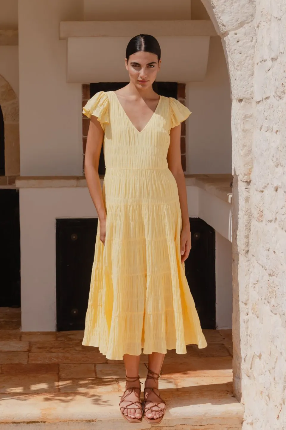 Ivy + Jack Marley Butter Flutter Sleeve V Neck Tiered Maxi Dress