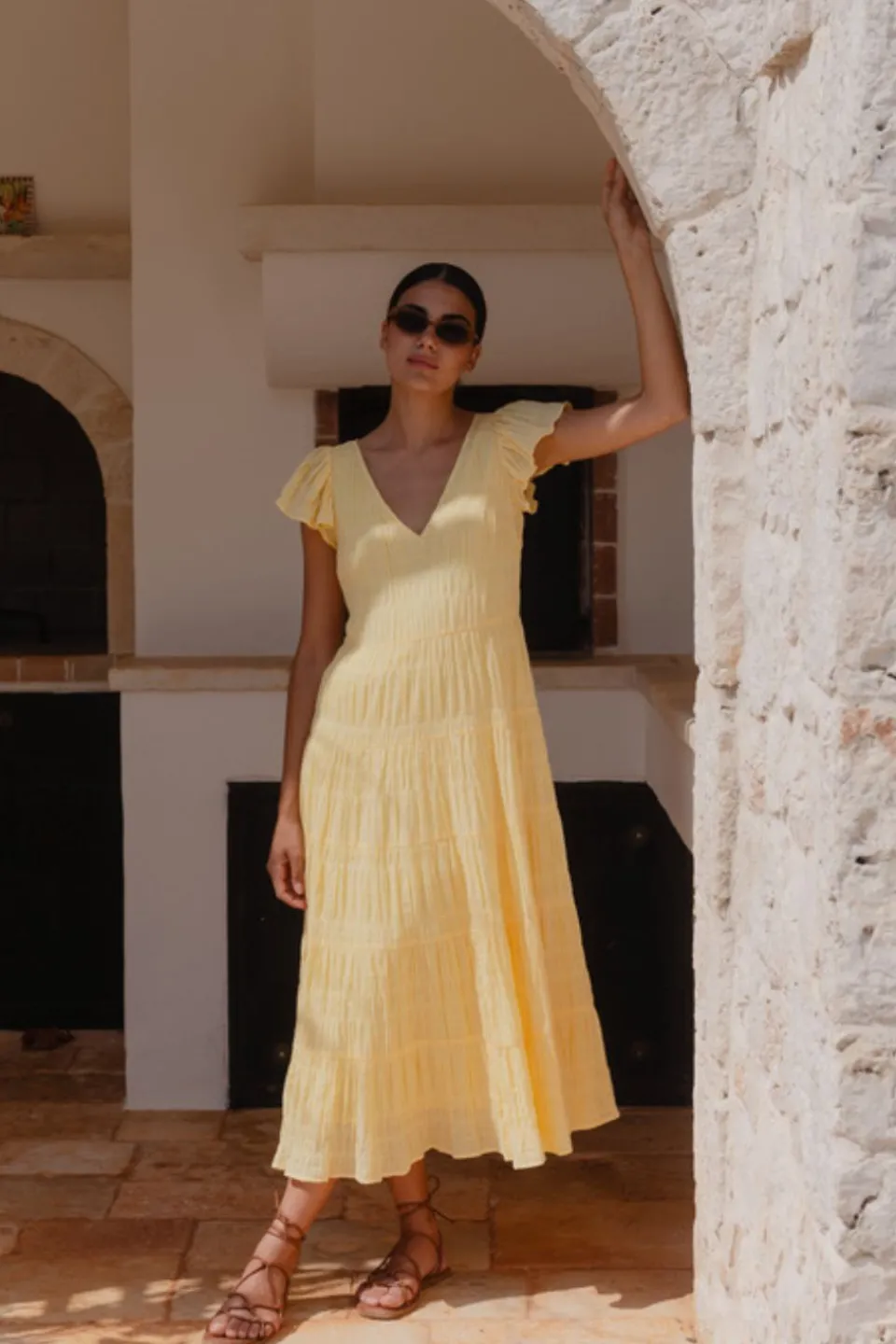 Ivy + Jack Marley Butter Flutter Sleeve V Neck Tiered Maxi Dress