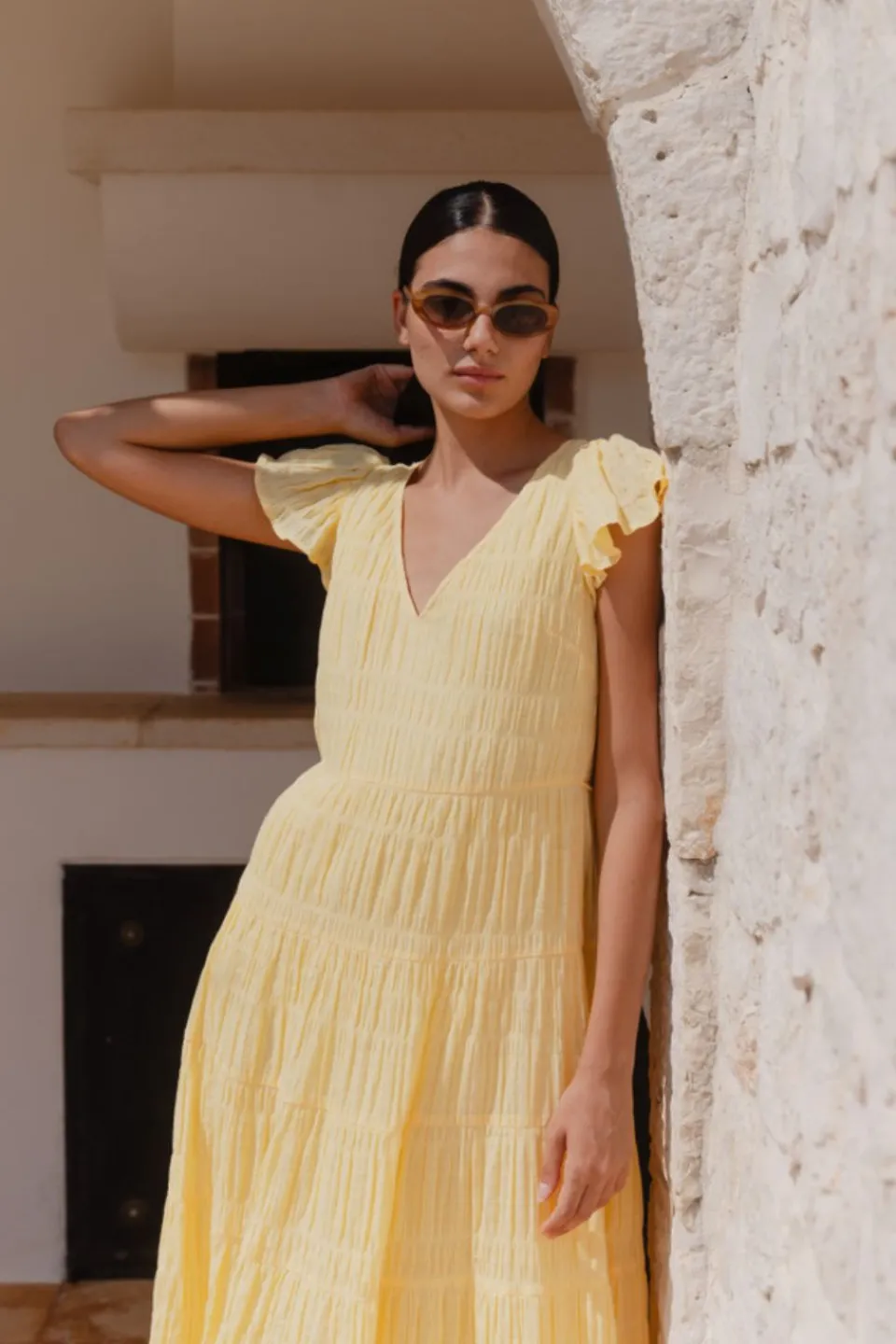 Ivy + Jack Marley Butter Flutter Sleeve V Neck Tiered Maxi Dress