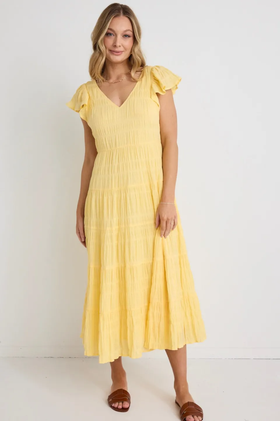 Ivy + Jack Marley Butter Flutter Sleeve V Neck Tiered Maxi Dress