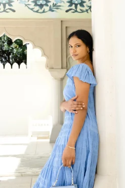 Ivy + Jack Marley French Blue Shirred Cotton Sleeveless V-Neck Tiered Maxi Dress