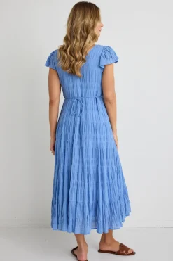Ivy + Jack Marley French Blue Shirred Cotton Sleeveless V-Neck Tiered Maxi Dress