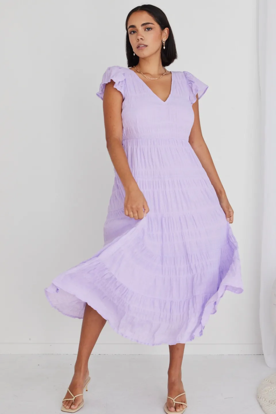 Ivy + Jack Marley Lilac Sleeveless V Neck Tiered Maxi Dress