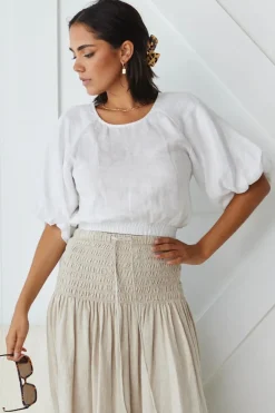 RE:UNION Label Matty White Linen Puff Sleeve Crop Top