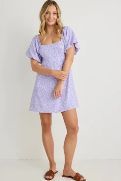 Love Lulu Mayhem Lilac Ditsy Floral Square Neck Puff Sleeve Mini Dress