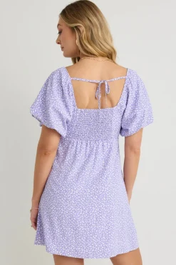 Love Lulu Mayhem Lilac Ditsy Floral Square Neck Puff Sleeve Mini Dress