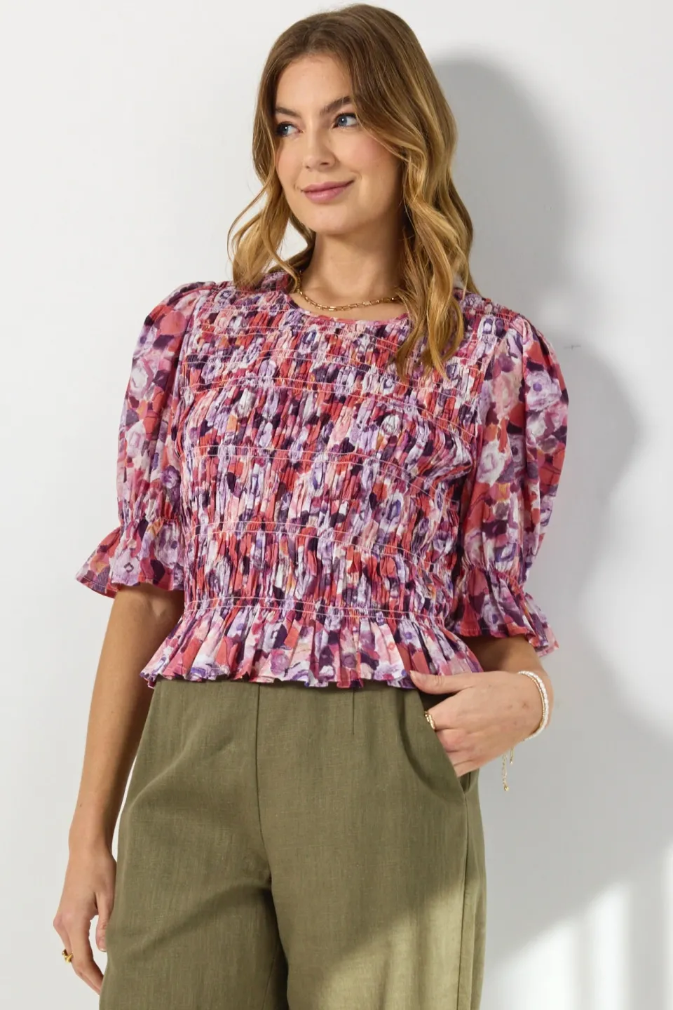 Ivy + Jack Melodic Lilac Meadows Shirred Body Short Sleeve Top