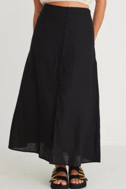Among the Brave Mercy Black Linen Button Front Aline Skirt